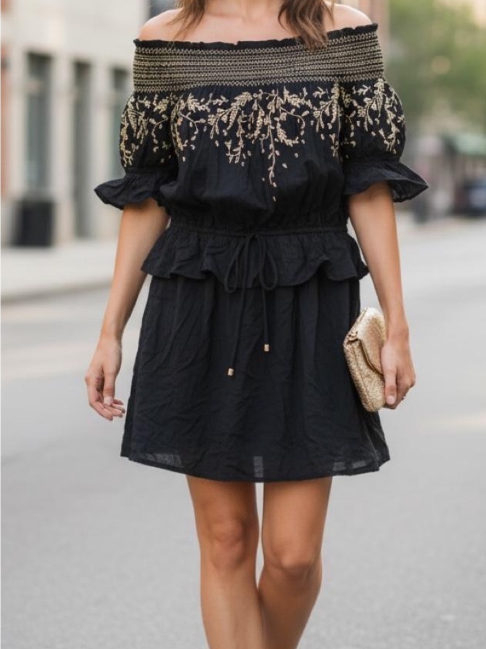 Rachel Zoe Black Off-Shoulder Dress with Gold Embroidery